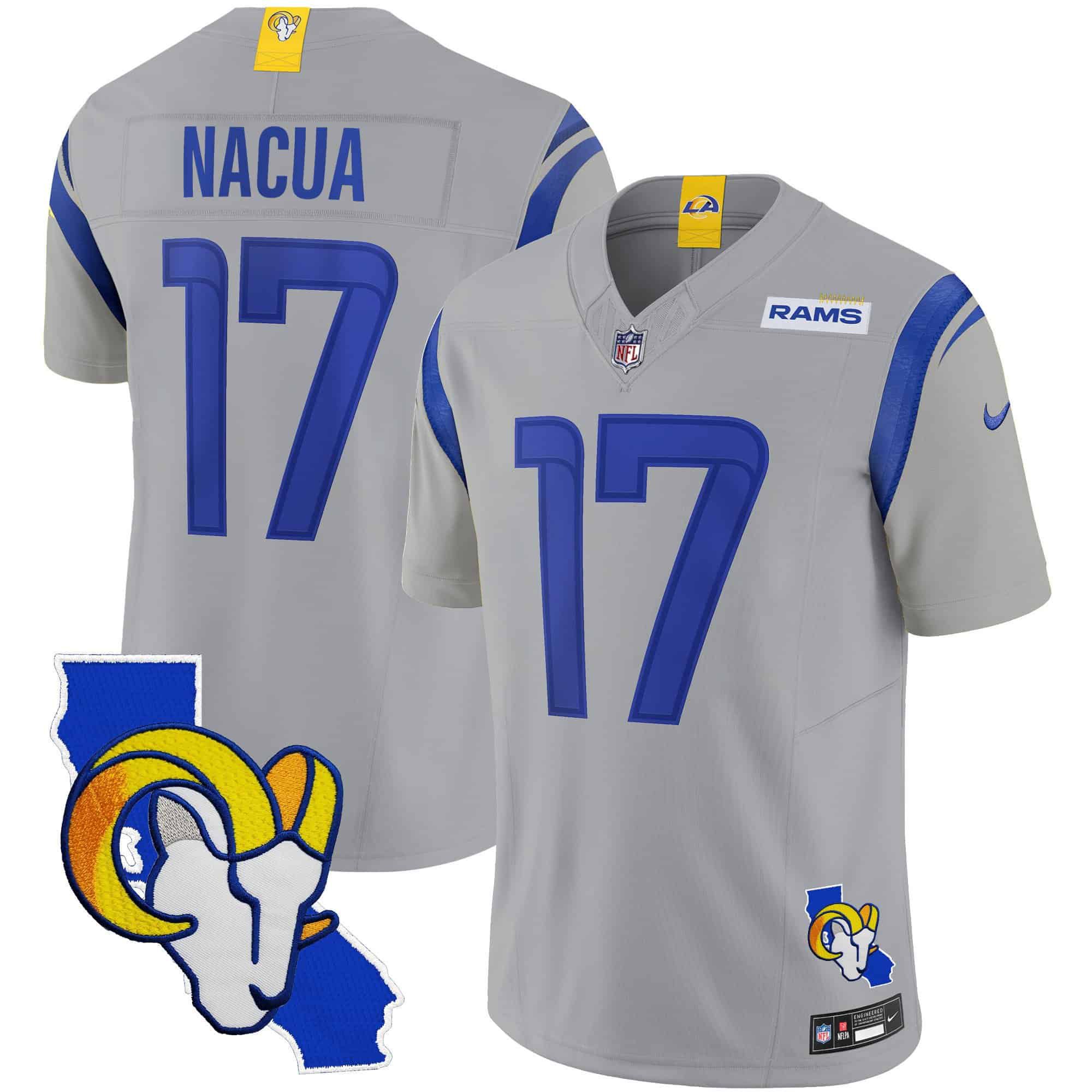Men Los Angeles Rams #17 Nacua Grey 2024 Nike California Patch Vapor Limited NFL Jersey style 1